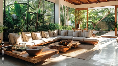 Interior of cozy spacious eco-friendly living room in luxury villa. Soft natural hues with predominance of white, comfortable sofa, wooden furniture, glass wall with beautiful garden view.