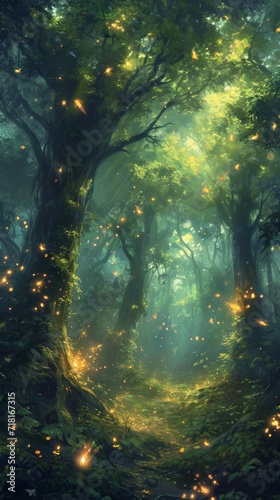 Vibrant Forest Illuminated by Countless Fireflies