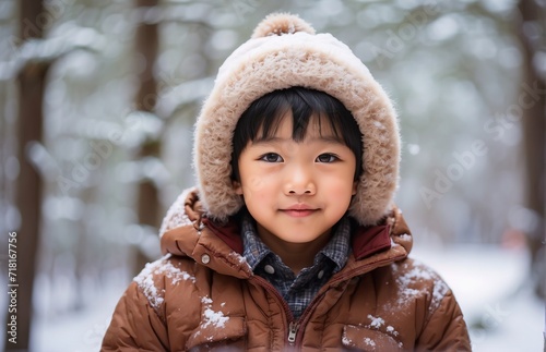 Child with winter snow forest, winter natural background