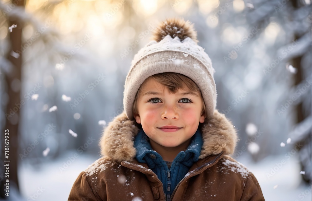 Child with winter snow forest, winter natural background Child with winter snow forest, winter natural background