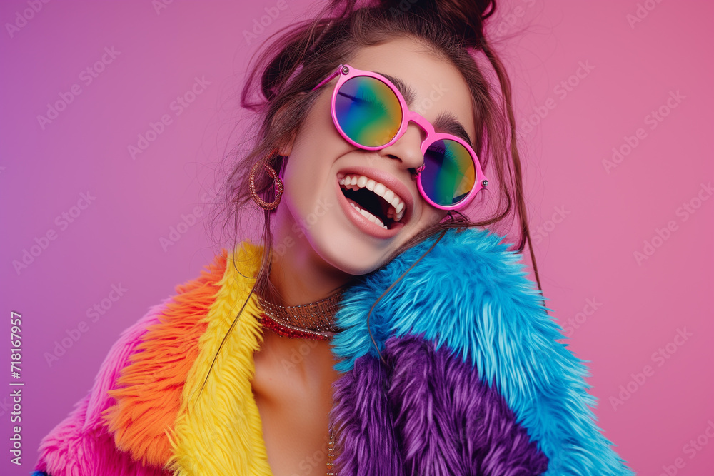 view of attractive cool girl wearing sporty clothes posing isolated over multicolor vivid neon light background. Pretty young woman in stylish clothes. girl wearing bright glasses smiles view of attractive cool girl wearing sporty clothes posing isolated over multicolor vivid neon light background. Pretty young woman in stylish clothes. girl wearing bright glasses smiles