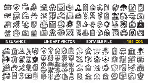 insurance icons set in line art and flat style. vector insurance 155 line icon pack including insurance paper shield insurance.