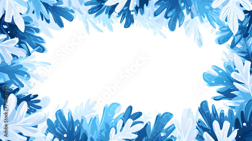 winter background with blue frozen foliage border