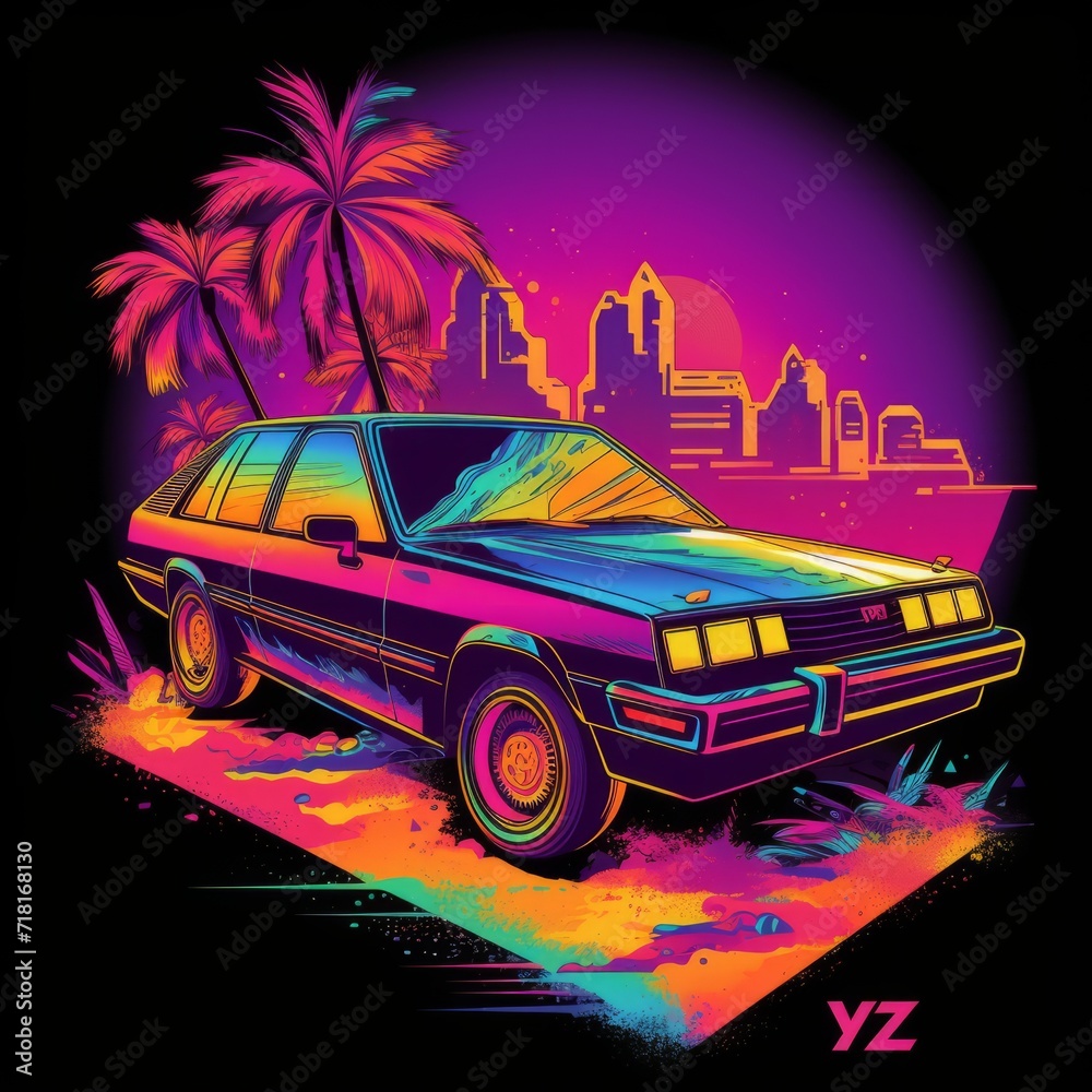 Synthwave Ride Colorful t-shirt vector with detailed car graphics, Picard-inspired design, bursting with color on a black background