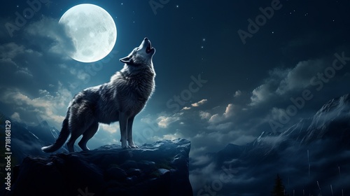 A 3d animation depicts a wolf howling towards the moon photo