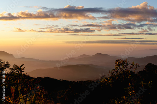 Beautiful silhouette landscape sunrise at Doi inthanon national park, chaingmai thailand.