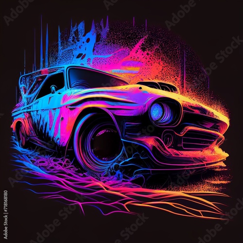 Synthwave Ride Colorful t-shirt vector with detailed car graphics  Picard-inspired design  bursting with color on a black background