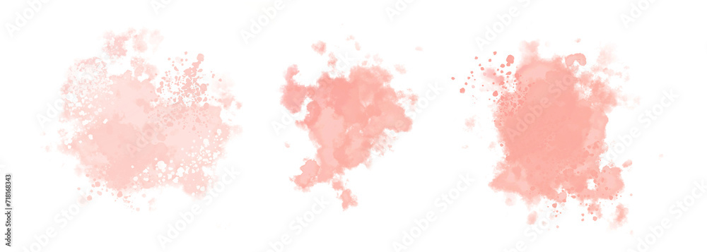 Coral Red Watercolor Stains. Delicate Abstract Watercolor Splatter. Light Red Paint Stains. No Background. 3 Irregular Stains and Splatter Print.