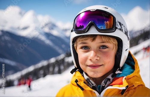 Kid skier in helmet and winter clothes on the background of snow-covered mountain slope © PeopleWorker