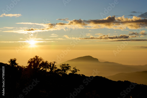 Beautiful silhouette landscape sunrise at Doi inthanon national park, chaingmai thailand.