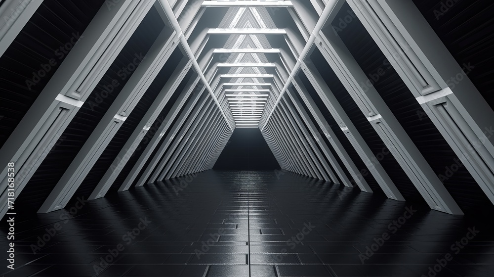 Fototapeta premium A 3-d rendering of a futuristic hallway that is cool and trippy in a triangular shape.