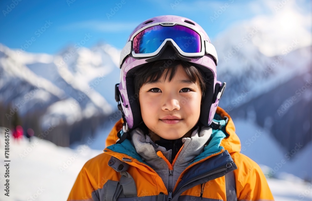 Kid skier in helmet and winter clothes on the background of snow-covered mountain slope