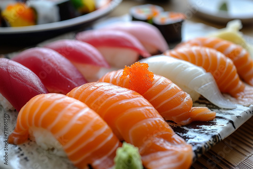 Plate of authentic japanese nigiri sushi with salmon tuna shrimp raw fish