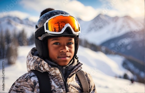 Kid skier in helmet and winter clothes on the background of snow-covered mountain slope