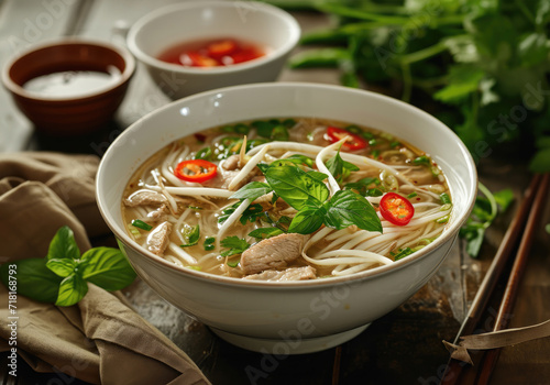 Closeup pho soup with pepper, parsley, and pork in a bowl, chopsticks on the side, on top of a wooden table