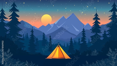 Vivid 2D vector illustration of a tent in the middle of forest and mountains, country and nature theme, camping concept © Stefan95