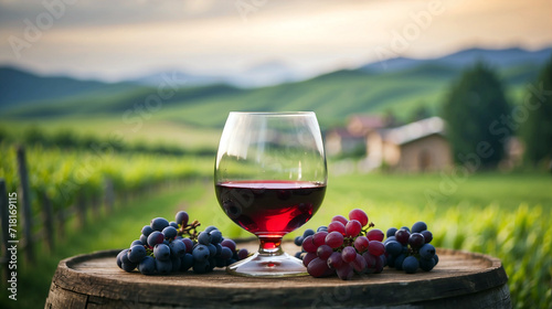 Glass of Red wine on a barrel in the countryside, beautiful natural photography 