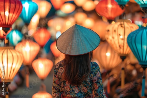 Asian woman wearing conical Non La hat against colorful Chinese aerial lanterns background
