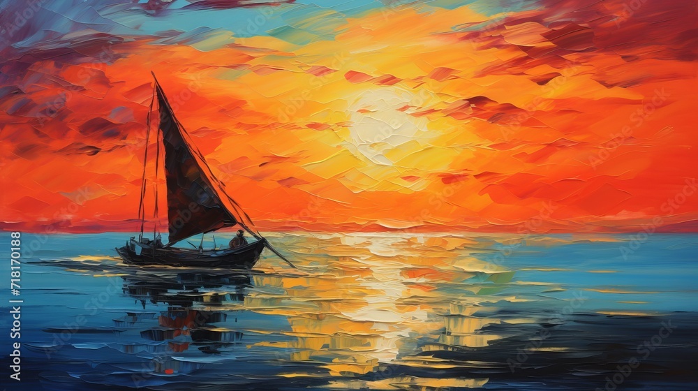 A colorful oil painting on canvas shows a sunset and a boat from asia. it's used for painting lessons and is part of an interior design picture.