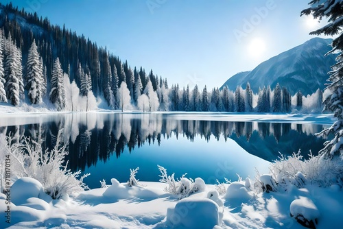 A tranquil mountain lake surrounded by pine trees