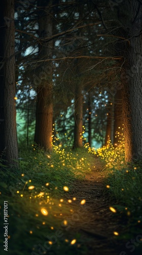 Serene Path in Woods With Fireflies Lighting