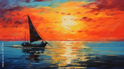A colorful oil painting on canvas shows a sunset and a boat from asia. it's used for painting lessons and is part of an interior design picture. © Elchin Abilov