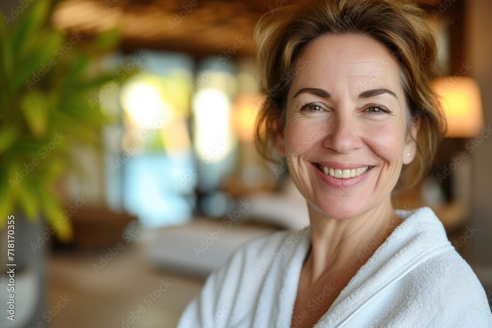 Skincare wellness spa procedures advertising concept with a happy cheerful middle aged woman with toothy smile wearing bathrobe at spa salon or hotel relax zone looking at camera Skincare wellness spa procedures advertising concept with a happy cheerful middle aged woman with toothy smile wearing bathrobe at spa salon or hotel relax zone looking at camera