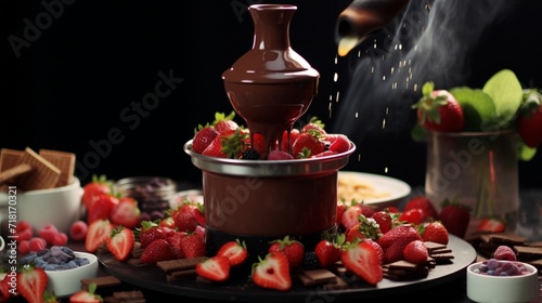 A pristine chocolate fondue fountain flowing smoothly with luscious Venezuelan chocolate  creating a mouthwatering visual delight.