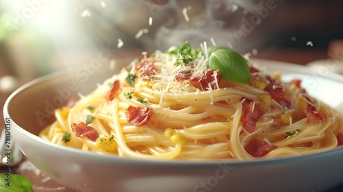 spaghetti with tomato sauce, steaming bowl of traditional Italian spaghetti carbonara, garnished with crispy bacon, creamy egg sauce, and a generous sprinkle of grated cheese