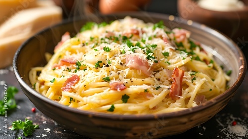 pasta with chicken, steaming bowl of traditional Italian spaghetti carbonara, garnished with crispy bacon, creamy egg sauce, and a generous sprinkle of grated cheese
