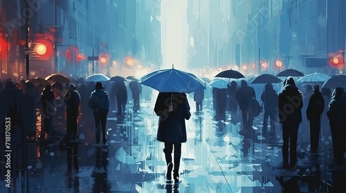 A digital art style illustration painting depicts a man standing in the rain while people hold umbrellas and walk across the street. photo