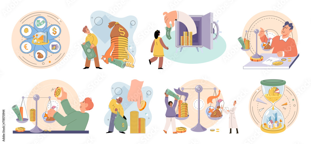 Naklejka premium Wealth management vector illustration. Currency markets influence international wealth landscape Business success often leads to personal wealth growth Skillful investment is integral to wealth