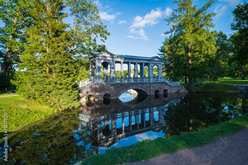 Marble Bridge (Palladian Bridge) in Catherine Park with reflection in the water