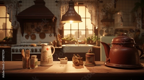 A quaint vintage kitchen filled with the warm aroma of freshly baked unsweetened chocolate brownies. photo