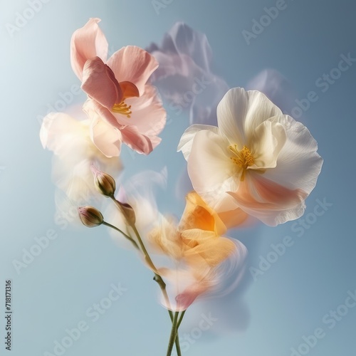 Flying flowers realism creative photography. Beautiful orchid flowers bouquet on blue background. Generative AI