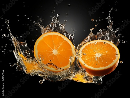 Cut orange with water splash on a black background