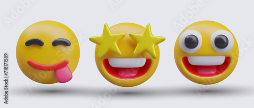Set of satisfied, pleasantly impressed emoticons. 3D characters, front view. Delicious, amazing. Happiness. Face with tongue sticking out, stars instead of eyes