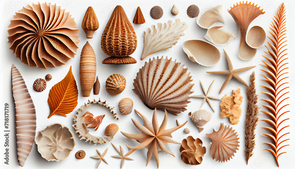 Collection of various sea shells on a white background as a beautiful ...