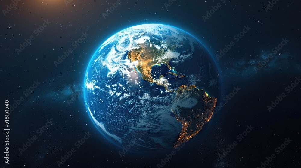 View of Earth from space, showcasing its continents, oceans, and atmosphere in a stunning 3D representation under the night sky