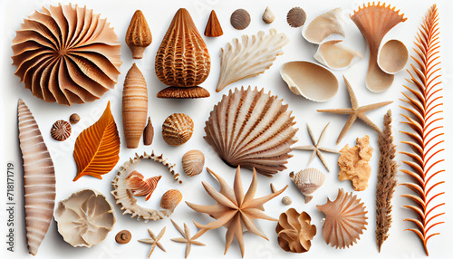Collection of various sea shells on a white background as a beautiful backdrop.