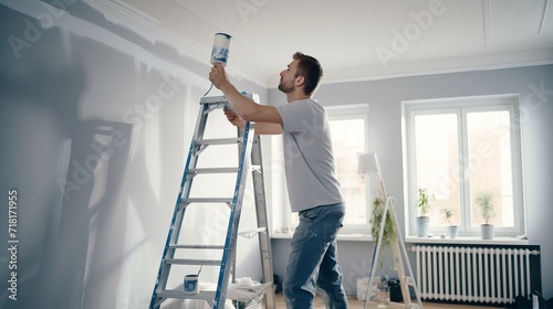 A humorous man is painting the wall in his new apartment renovation to redecorate and repair it. photo