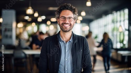 A journalist who smiles while working.