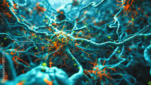 Brain Cells and Neurology Concept, Microscopic View of Neurons, Biological Science and Human Nervous System