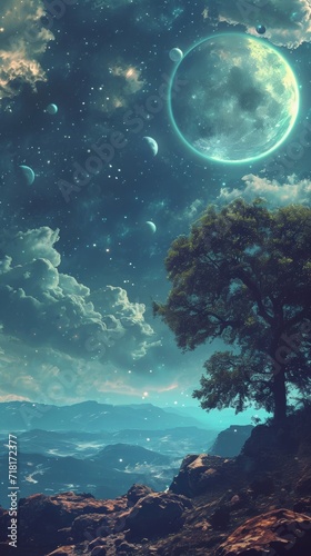Starry Night  Tree Perched on Hill Beneath