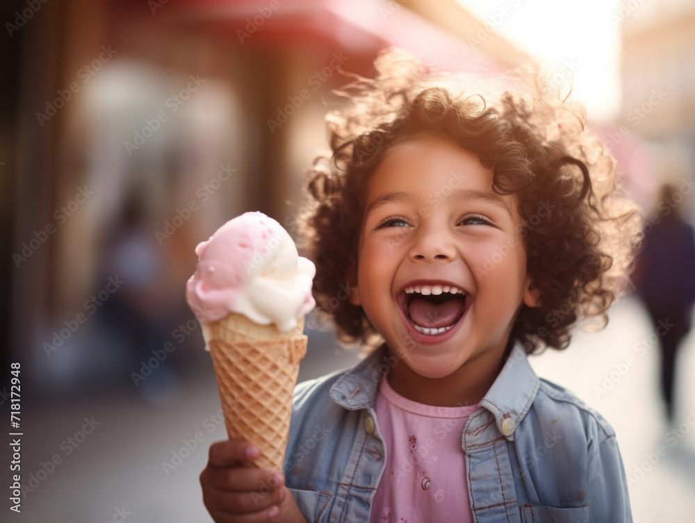 A cheerful curly-haired child enjoying a cone of ice cream.