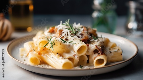 Rigatoni with white cream sauce and caramelized on a plate. Traditional Italian pasta. Closeup background. Generative AI