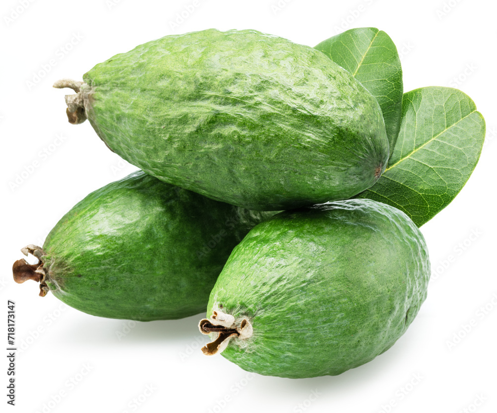 Feijoa fruits with leaf isolated on white background. Feijoa fruits with leaf isolated on white background.
