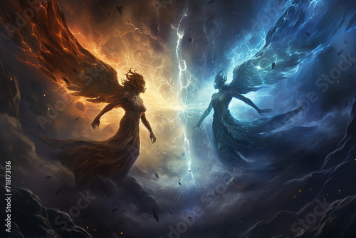 Amidst a cosmic storm, an angelic being with wings of lightning commands the celestial tempest, while a demon with smoky, billowing wings revels in the chaos. © Solid