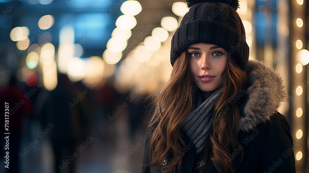 A portrait of a woman in cold tones walking through the city.