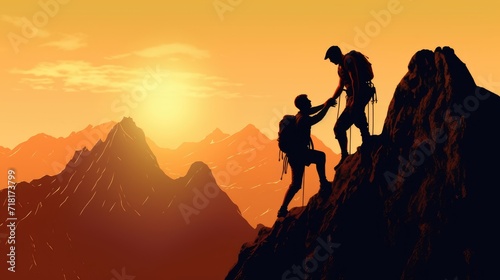 Silhouette of a person helping another climber to climbing on top of the mountain. Concept of giving a helping hand, assistance, help and teamwork hiker. Generative AI © Op Creator